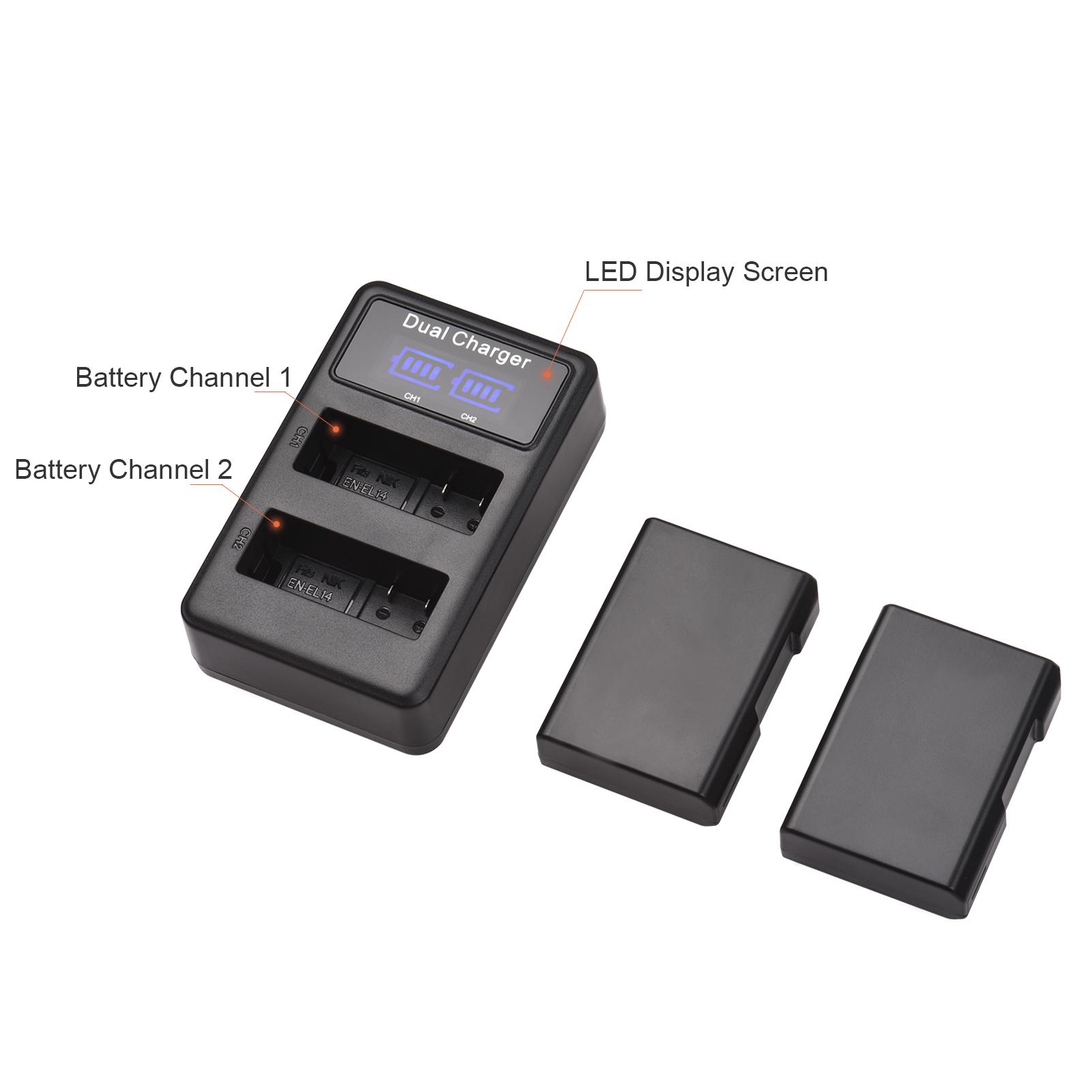 EN-EL14 Battery & Charger Kit 2pcs 7.4V 1500mAh Battery + 1pc Dual Channel Battery Charger LED Screen Display for Nikon