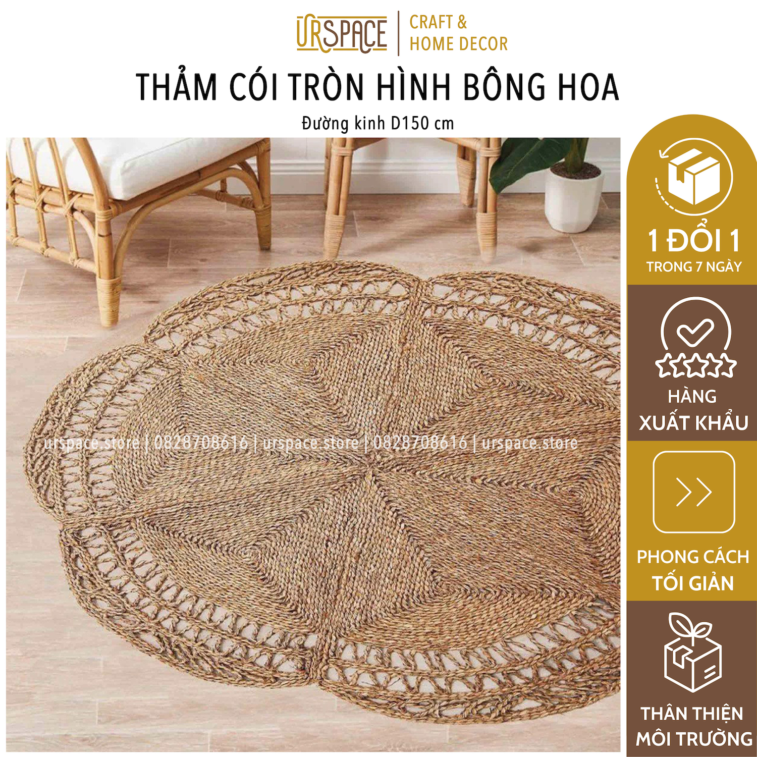 Thảm trải sàn bằng cói hình tròn đường kính 150 cm/ Hand-woven seagrass round rugs for living room