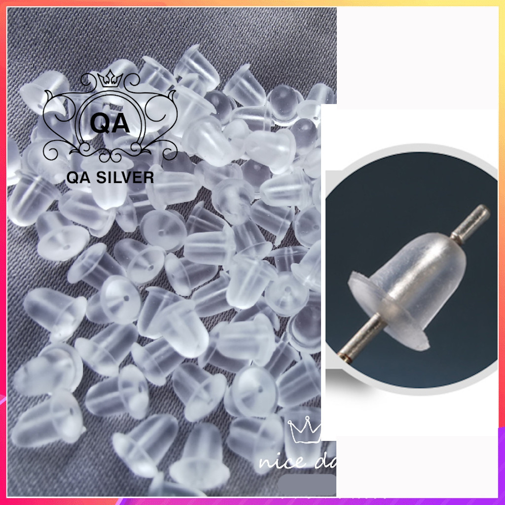 Chốt khuyên tai nhựa tròn trong suốt đế bông silicon cao su Bullet Earring Backs QA SILVER AC200604