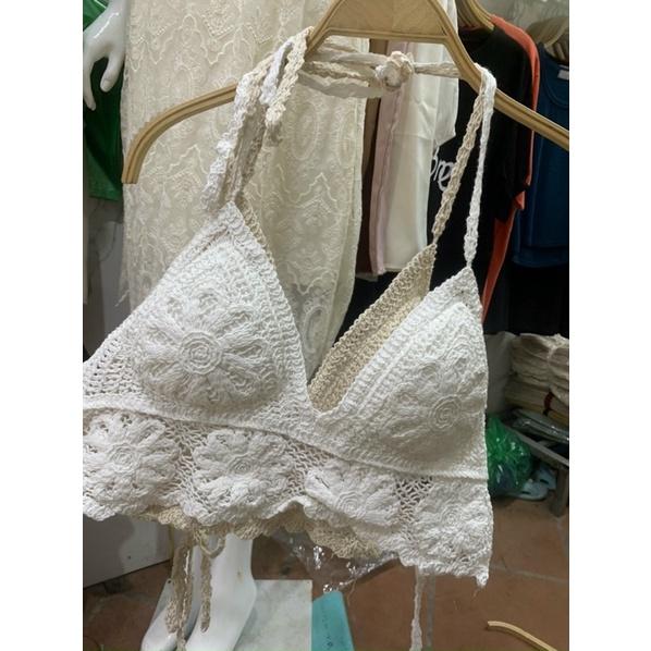 Set bikini áo bra hoa đan móc và quần