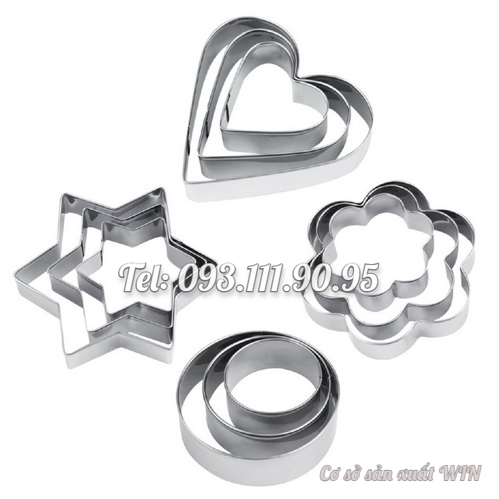 Bộ 12 khuôn hình tim, hoa mai, ngôi sao và hình tròn làm bánh, Cutter, Fondant inox – Mã số 1256