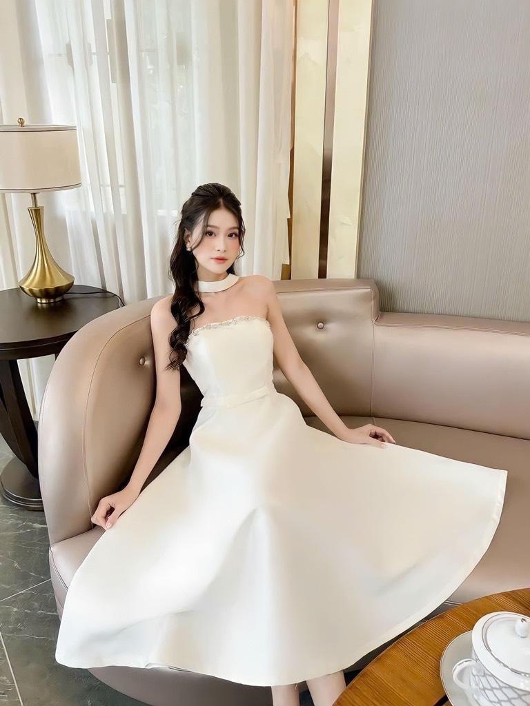Đầm xòe dự tiệc đính đá nơ eo