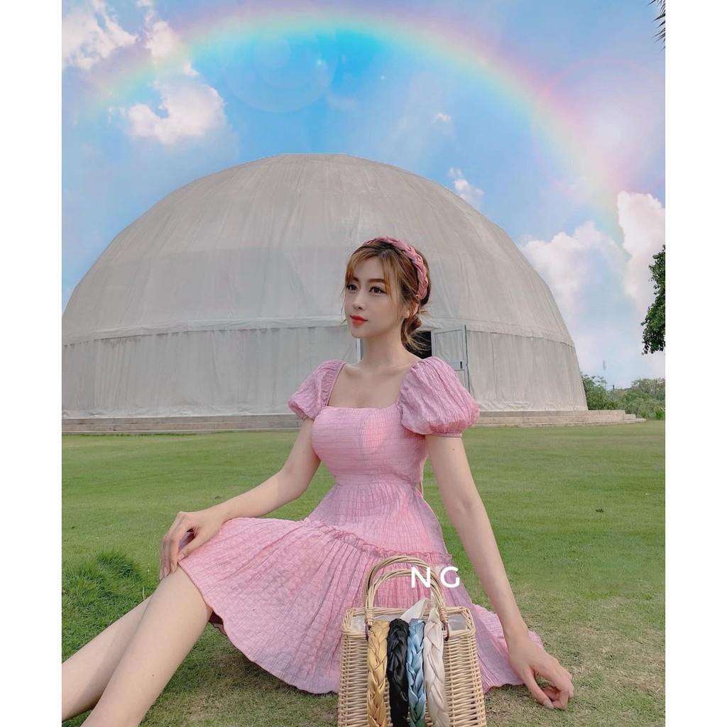 Đầm Xòe Tay Phồng Tùng Nhún Tầng Cột Dây Sau Lưng