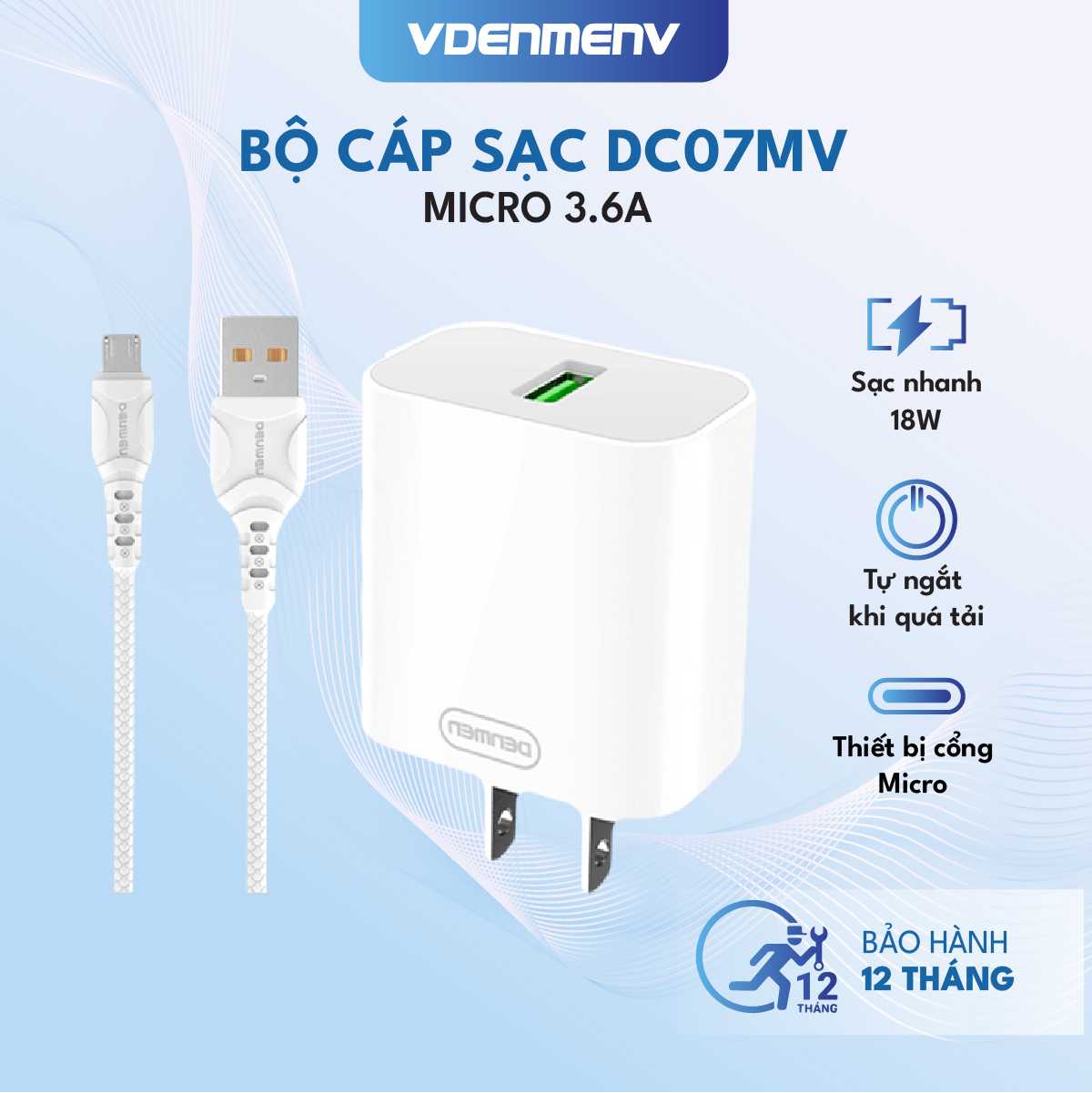 Bộ Cáp Sạc Nhanh Micro 18W VDENMENV DC07MV (3.6A) QC 3.0, Chống Cháy Nổ, Truyền và Tải Dữ Liệu-Hàng Chính Hãng