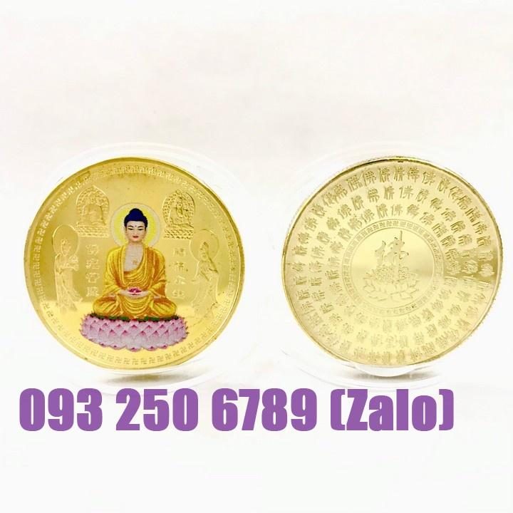 Đồng xu hình Phật A Di Đà Tọa Đài Sen In Màu Phong thủy tài lộc may mắn, tặng túi gấm đỏ - NELI - RƯỚC LỘC XUÂN