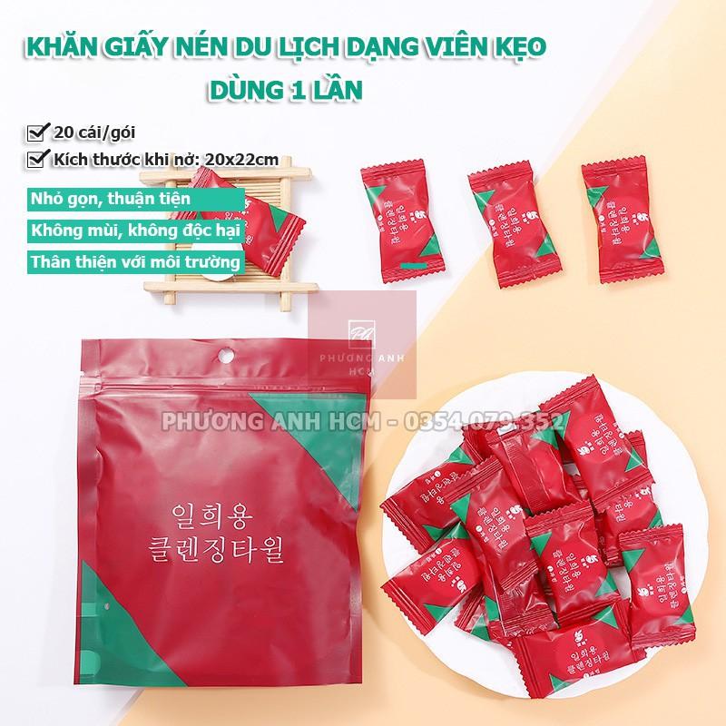 Khăn nén cotton Viên khăn nén cao cấp,Túi 20 Khăn Giấy Nén Hàn Quốc Dạng Viên Kẹo Dùng 1 Lần Tiện ích