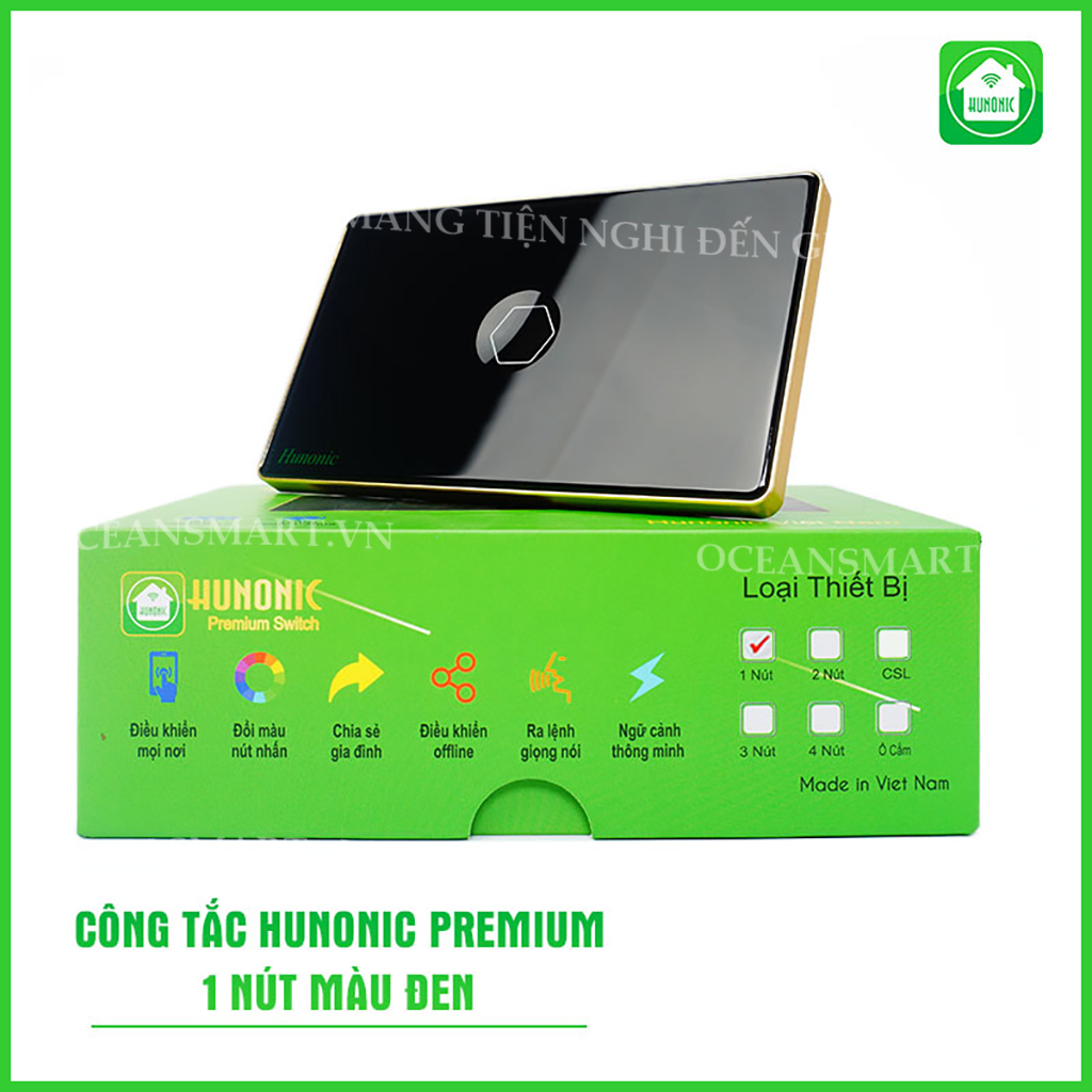 Công Tắc Cảm Ứng Thông Minh Hunonic Premium, Công Tắc Điều Khiển Từ Xa Qua Điện Thoại Viền Vàng - HNPRECD