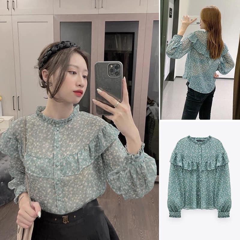 Sơ mi xanh hoa nhí cúc bọc siêu hót