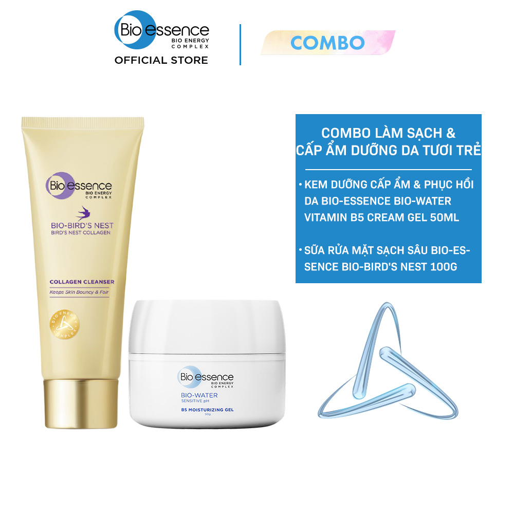 Combo Kem dưỡng cấp ẩm & phục hồi Bio-essence Bio-water vitamin B5 cream 50ml và Sữa rửa mặt sạch sâu Bio-Bird's nest 100g