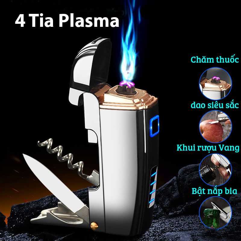 Bật lửa hộp quẹt điện độc lạ sạc pin công nghệ plasma 4 tia tích hợp nhiều tiện ích