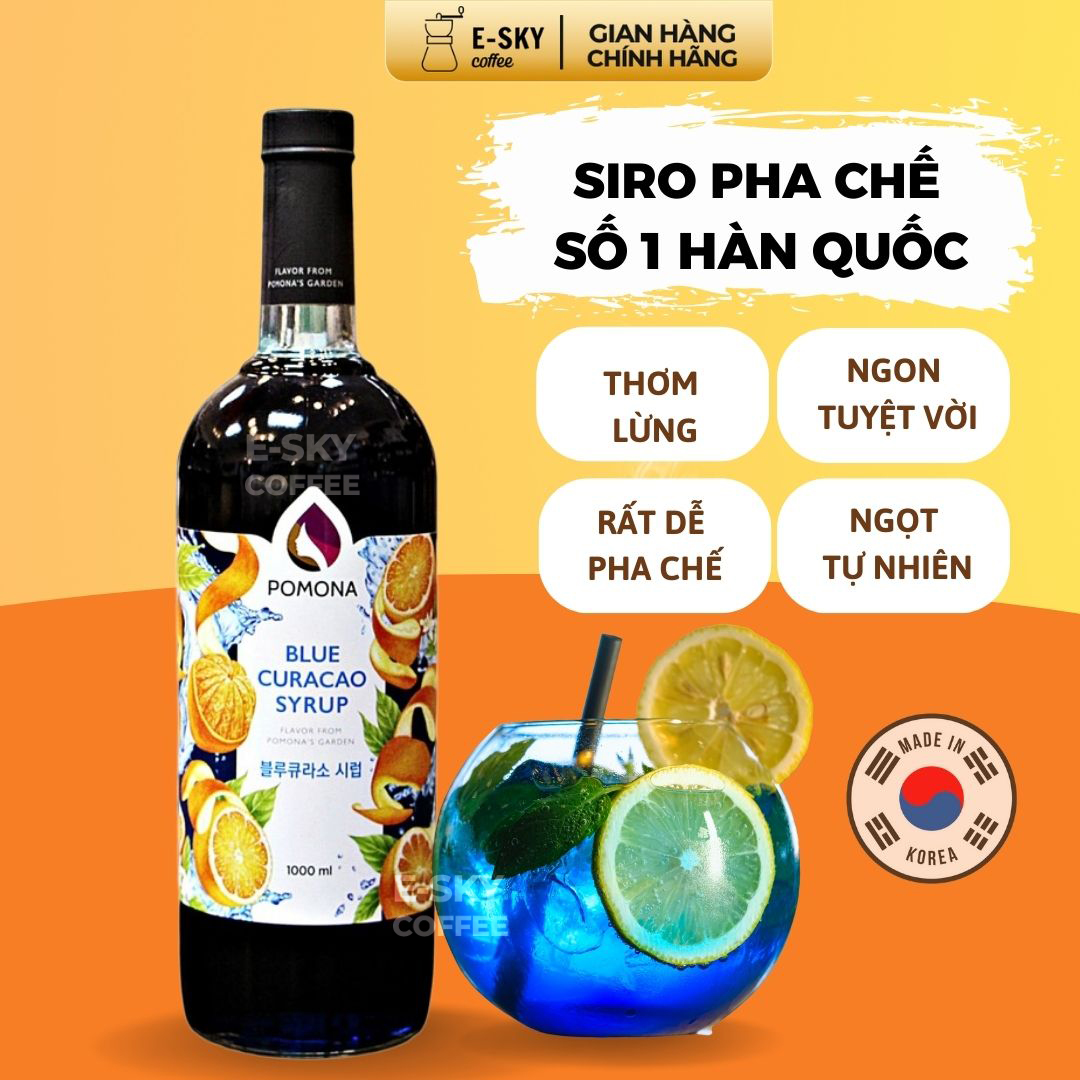 Siro Vỏ Cam Xanh Pomona Blue Curacao Syrup Nguyên Liệu Pha Chế Hàn Quốc Chai Thủy Tinh 1 Lít