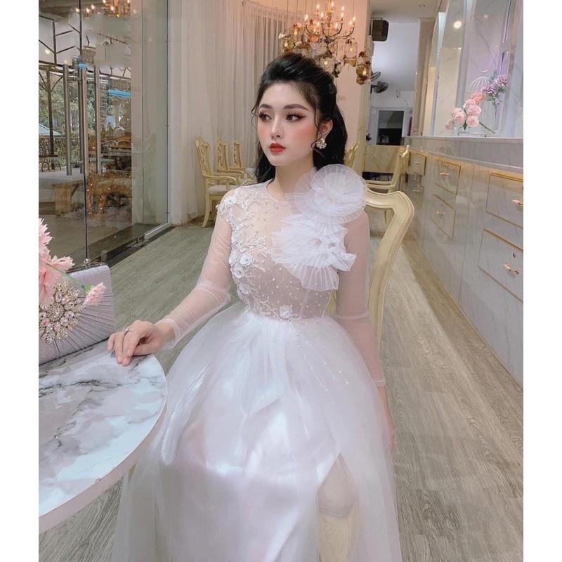 Đầm Xoè Công Chúa Phối Hoa Nổi Và Cườm - MS133Y mm đi chơi dự tiệc đám cưới, du lịch MM