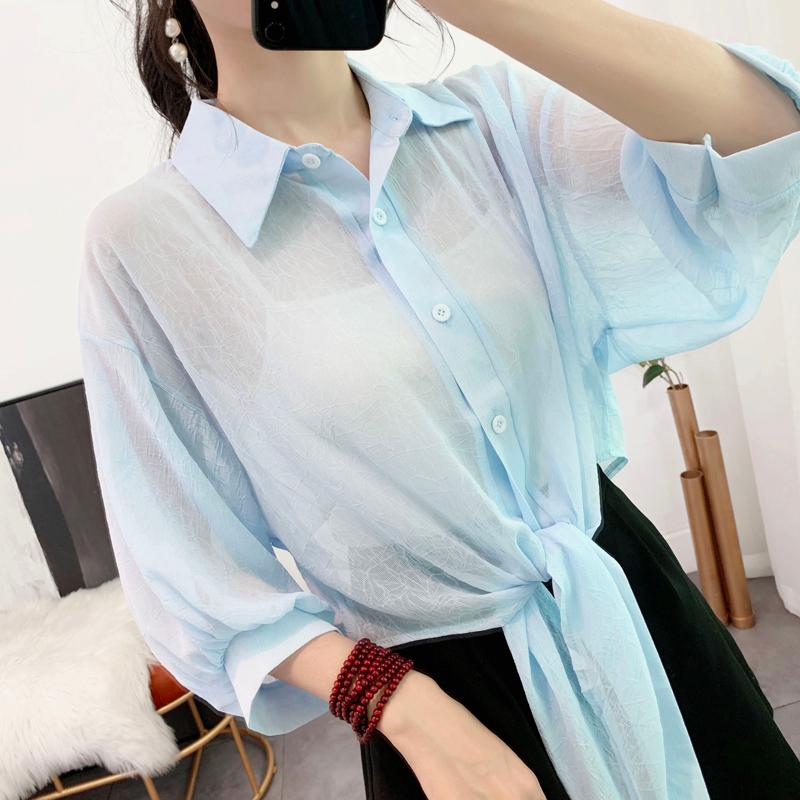 Áo SƠ MI VOAN nữ mỏng KHOÁC NGOÀI tay lửng CỘT DÂY thời trang xinh xắn