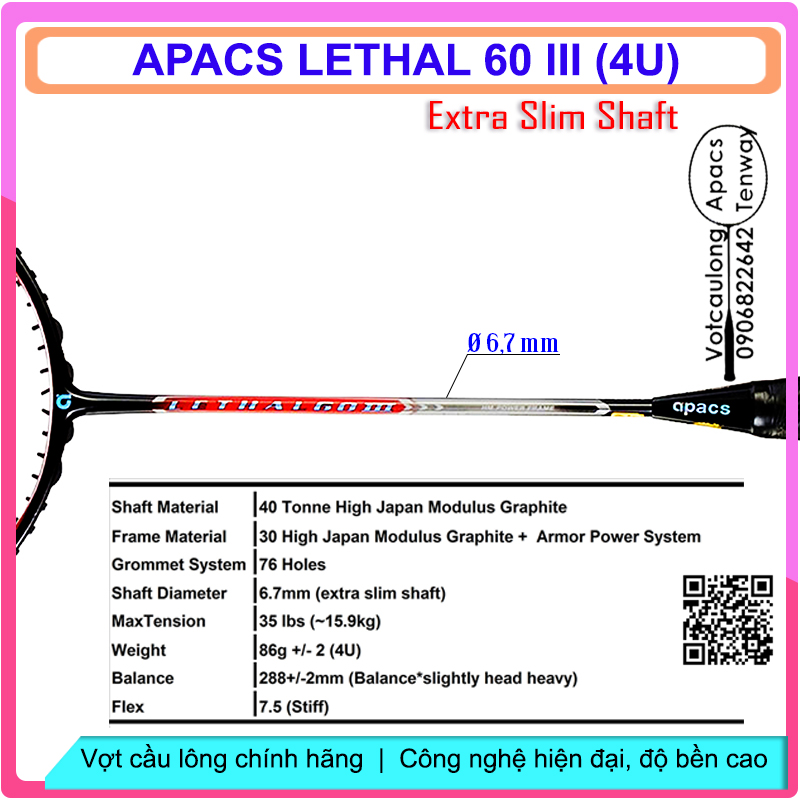 [Vợt cầu lông Apacs Lethal 60 III Red Black-4U]_Vợt cân bằng thân đũa cứng, chất liệu cao cấp High Japan Carbon Graphite