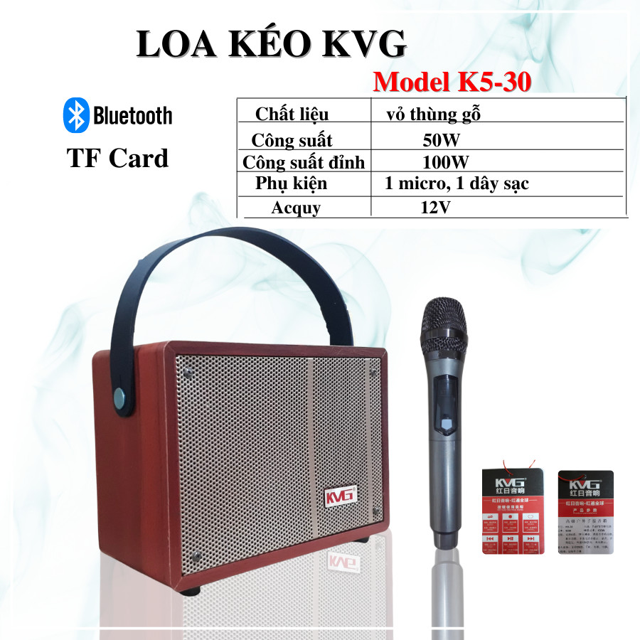 Loa karaoke KVG K5-30 - Loa xách tay mini du lịch tiện lợi - Tặng kèm 1 micro không dây - Đầy đủ kết nối Bluetooth, AUX, USB, TF card - Có thể thay thế loa trợ giảng - Vỏ gỗ cực đẹp, âm thanh trầm ấm, sắc nét - Hàng nhập khẩu