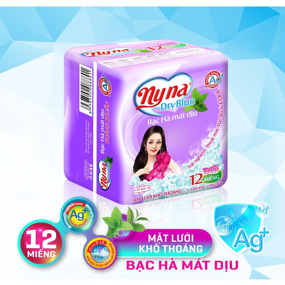 Băng Vệ Sinh NYNA Dryblue mẫu tím {1 lốc 8 gói, gói 12 miếng}. Băng Vệ Sinh ban ngày có cánh . BVS kháng khuẩn. Băng vệ sinh phụ nữ mặt lưới 3D khô thoáng, chống tràn. Băng vệ sinh bạc hà cool mát dịu. BVS Nyna chính hãng