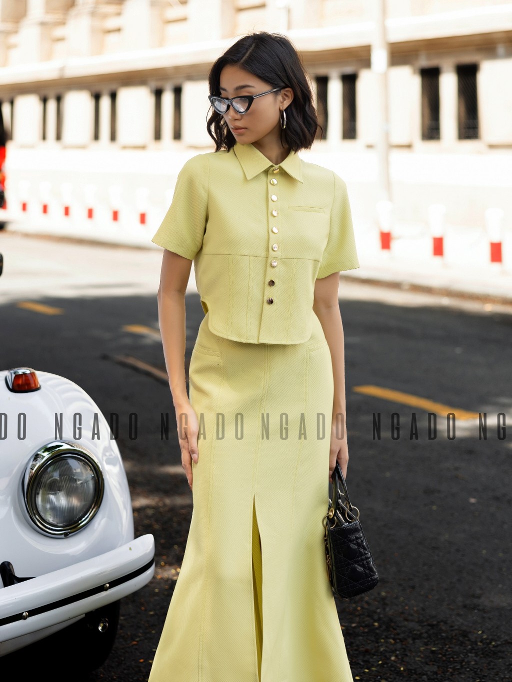 Set áo váy xanh bơ ngắn tay NGADO , set đồ nữ , Set áo croptop vạt bầu kèm chân váy đuôi cá xẻ tà