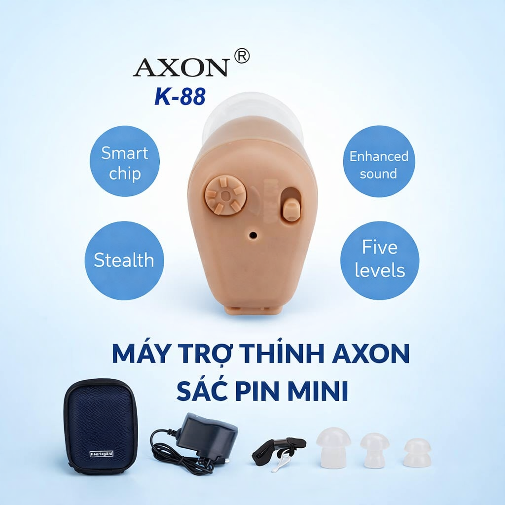 Máy Trợ Thính AXON Mini Nhét Tai Không Dây – Kèm 3 Nút Tai, Khuếch Đại Âm Thanh Cao Cấp, đèn trang trí