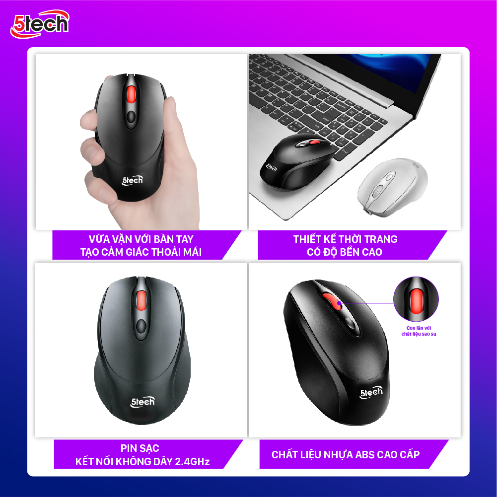 Chuột không dây 5TECH, chuột gaming wireless 2.4Ghz chuột quang sạc pin siêu nhạy cho máy tính, laptop,chất liệu nhựa ABS cao cấp hàng chính hãng