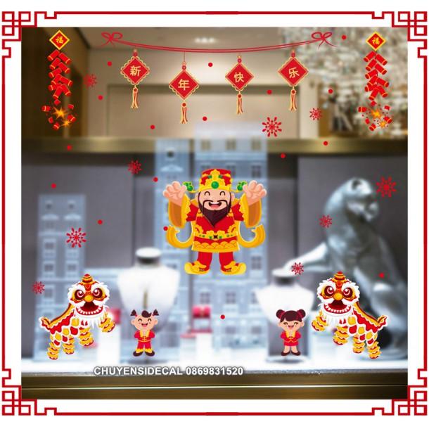 Decal trang trí Tết - Thần Tài Múa Lân Chúc Mừng Năm Mới