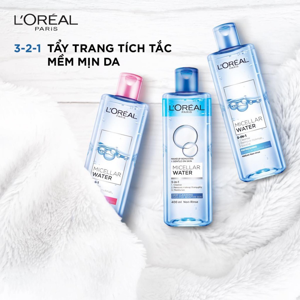 Nước tẩy trang L’oreal Paris Micellar Water 3 in 1 tặng kèm bông tẩy trang slicot - Pháp Chính Hãng