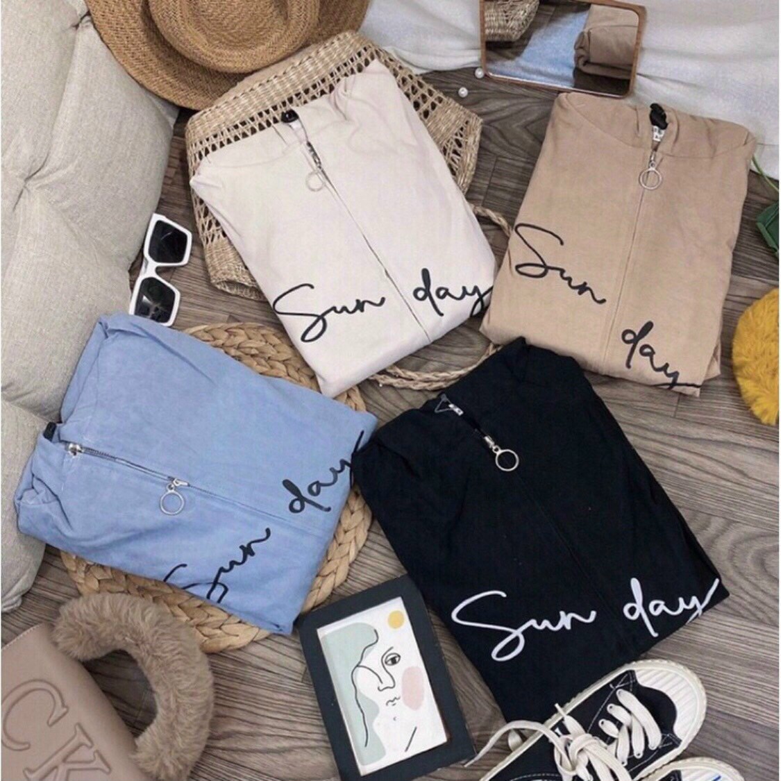 Áo Khoác Nữ khoác Zip Da Lộn Sunday Kiểu Nữ 2 Lớp Lót Dù Unisex Tay Cánh Dơi - Có Nón Chống Nắng Và Lạnh