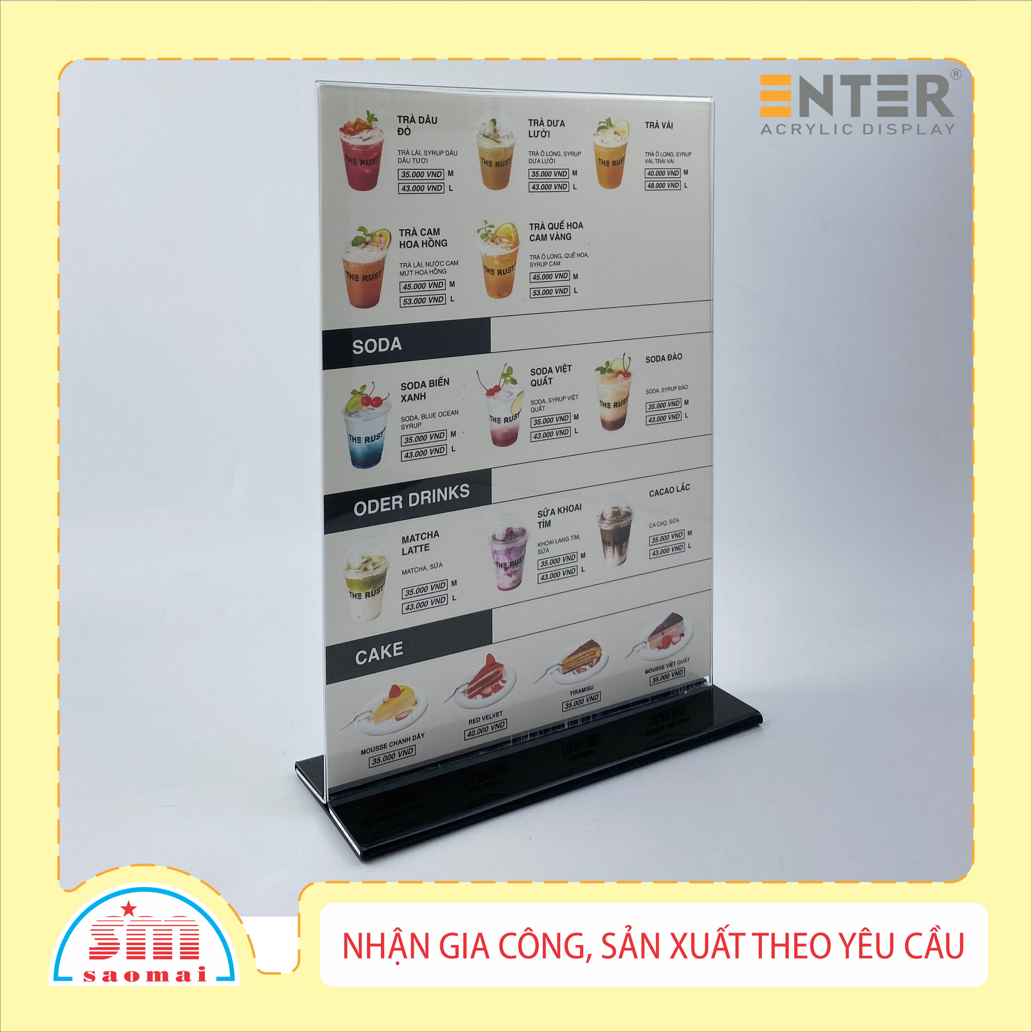 Kệ menu nhà hàng, Standee mica để bàn, Bảng quét mã QR Code, Kệ mica 2 mặt Enter E10-U 100x150mm đế lùa uốn bằng