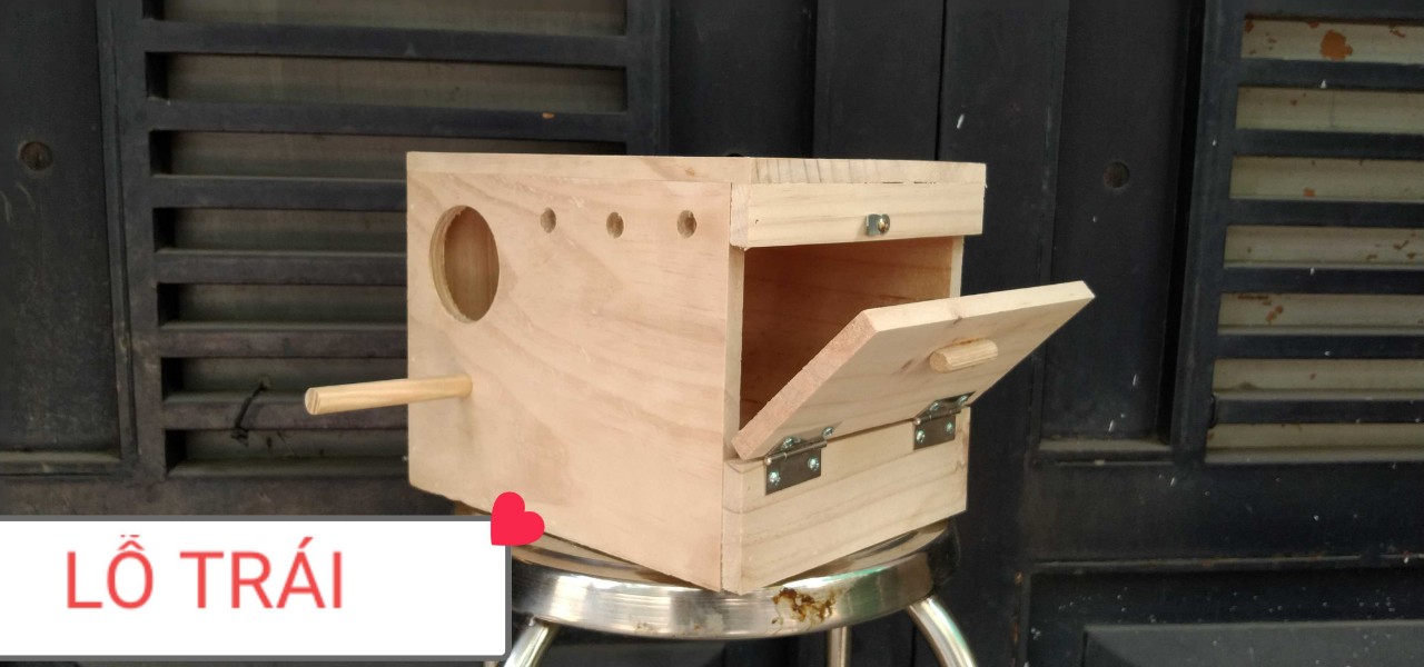 1 TỔ ĐẺ DÀNH CHO LOVEBIRD 24*18*18 (GỖ THÔNG NGUYÊN KHỐI CAO CẤP) đầy đủ cầu móc treo
