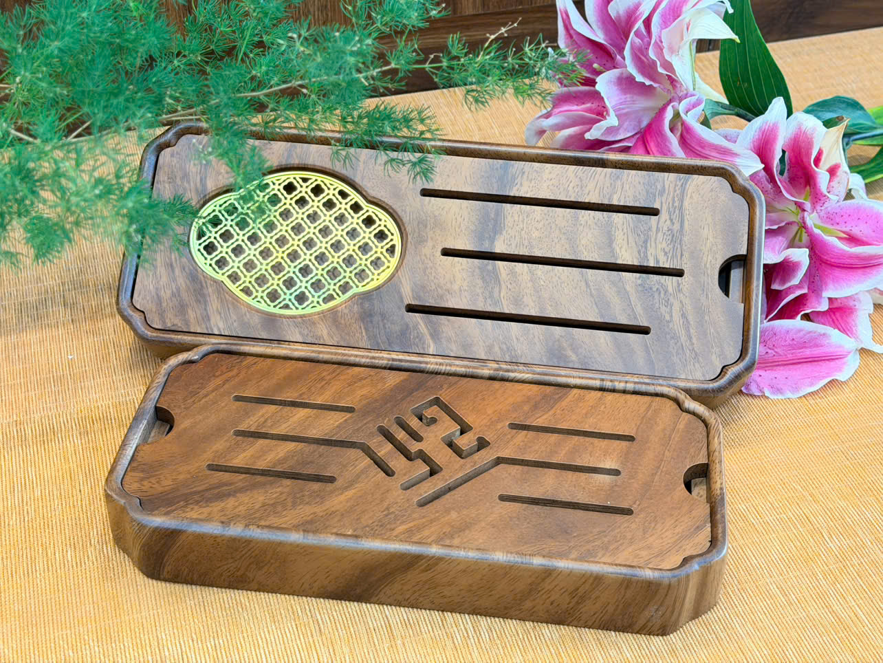 KHAY TRÀ KIM LIÊN CHẤT LIỆU GỖ CẨM LAI - CÓ BỆ THOÁT NƯỚC - ĐỘ BỀN CAO - WOOD TEA TRAY