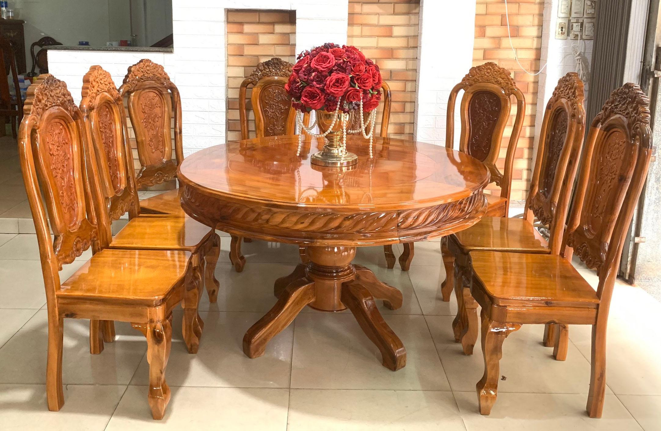 Bộ bàn ăn tròn gỗ tràm , Bàn ăn tròn cao Cấp 6 ghế và 8 ghế , bộ bàn ghế phòng ăn nhà bếp hỗ trợ trả góp không mât phí
