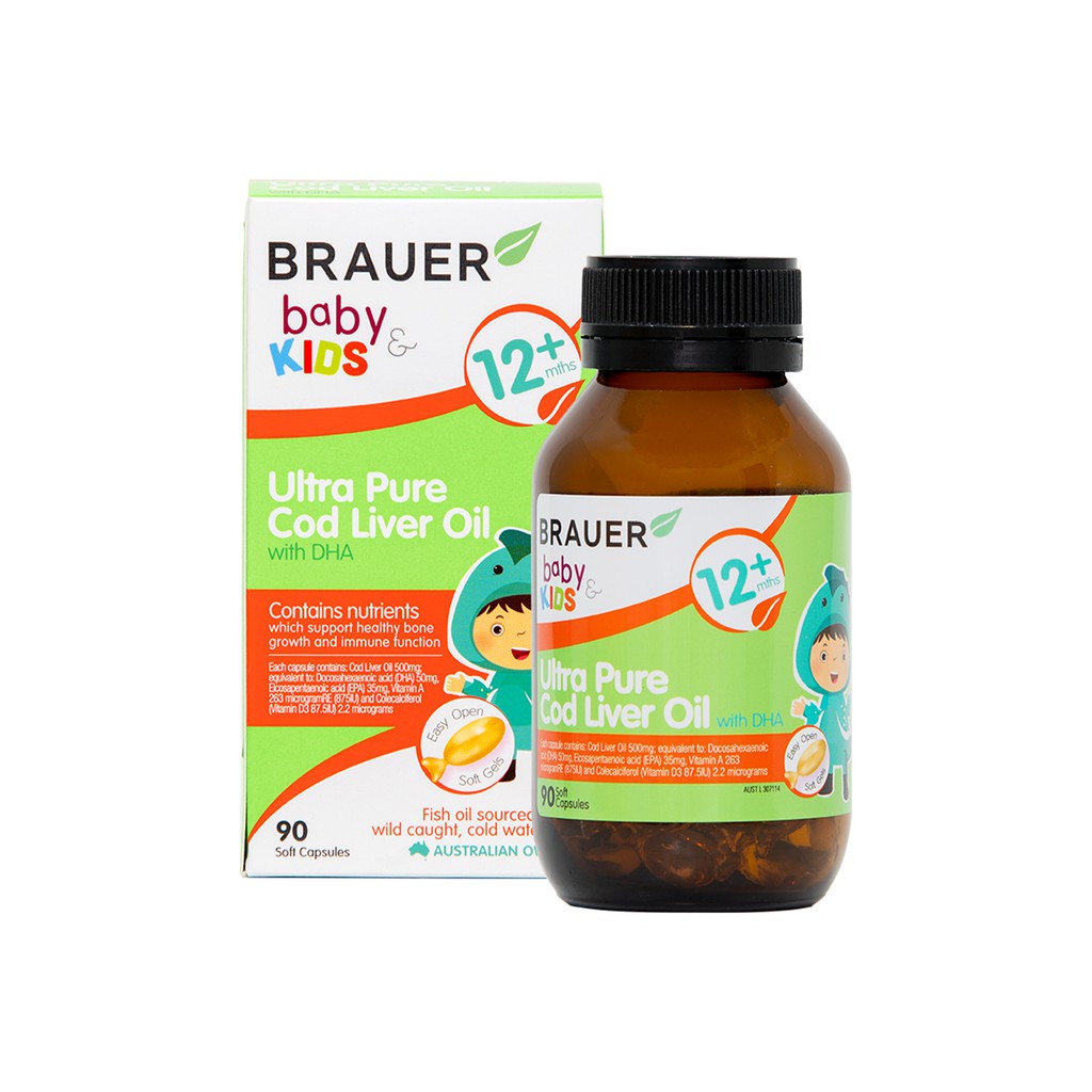 Viên mềm Dầu gan cá Tuyết tinh khiết và DHA Brauer Baby & Kids Ultra Pure Cod Liver Oil with DHA cho bé trên 1 tuổi (90 viên) - Nhập khẩu Australia