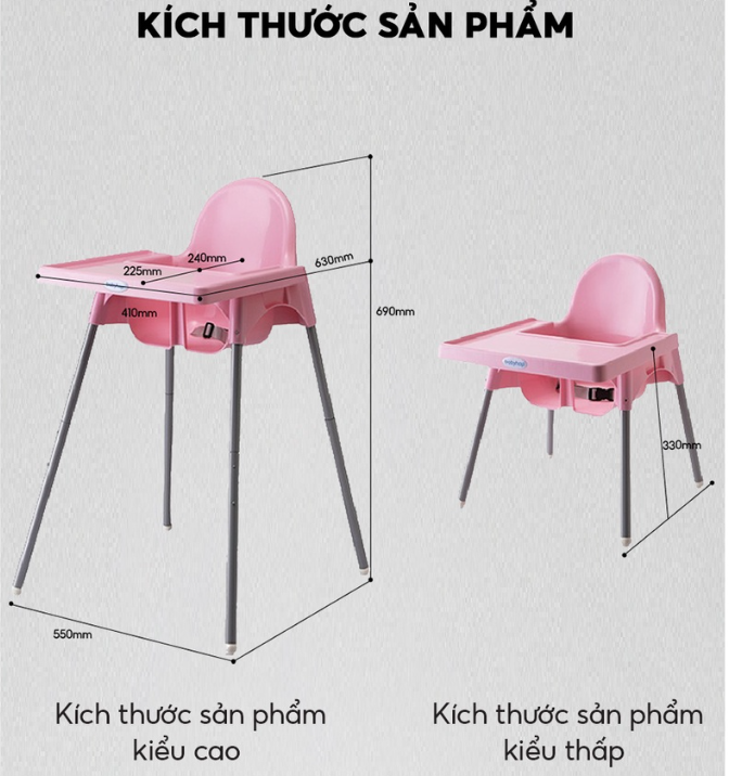 Ghế ăn dặm, bàn ăn cho bé Babyhop kèm mặt bàn, điều chỉnh 2 nấc, 3 dây đai an toàn sử dụng cho trẻ em từ 6 tháng-&gt;3 tuổi
