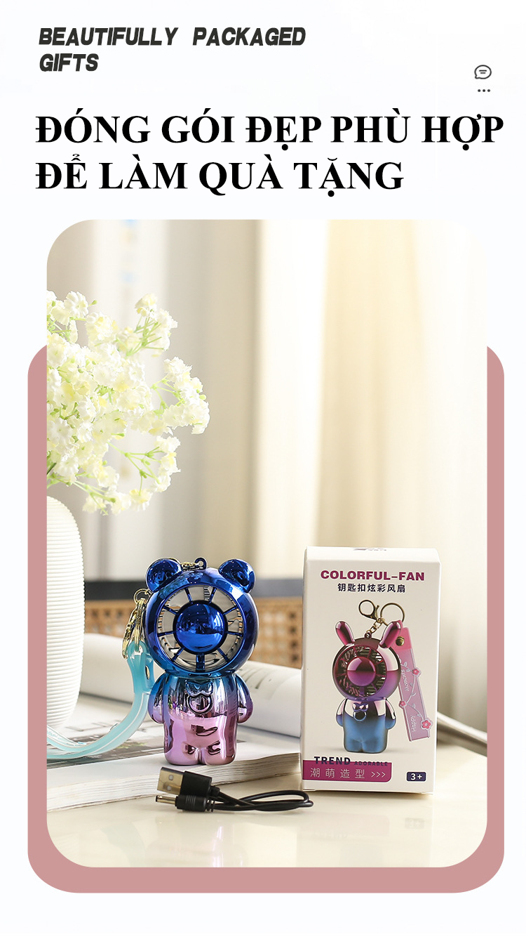 Quạt mini cầm tay kèm theo móc treo tiện lợi với thiết kế dễ thương nhỏ gọn có 2 mức độ gió siêu mát
