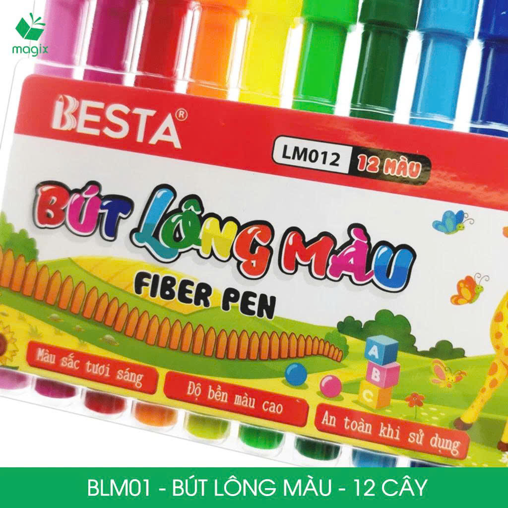 BLM01 - 12 cây bút lông màu, bút dạ màu sắc tươi sáng, an toàn cho bé