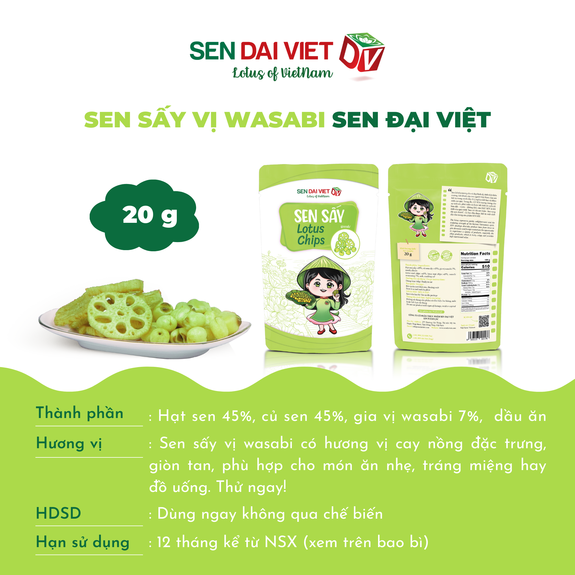 Sen Sấy Vị Wasabi- Sen Sấy Giòn Tan, Vị Cay Bùng Nổ, Kích Thích Vị Giác, ĐV- Sen Đại Việt- Gói 30g