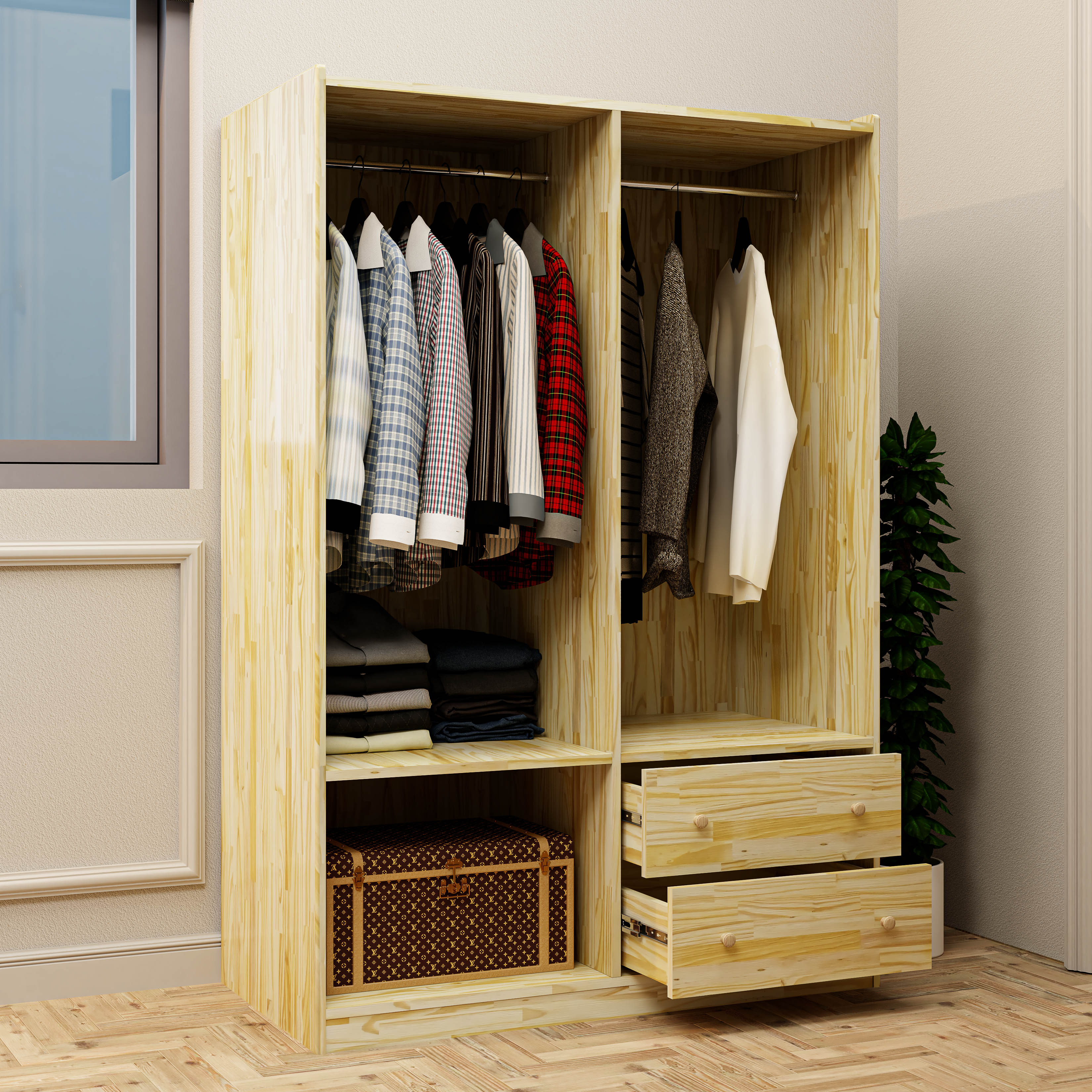 HAPPY FURNITURE , Gỗ tự nhiên , Tủ quần áo 2 ngăn kéo - GAMZE , THK_193 , 120cm x 59cm x 176cm
