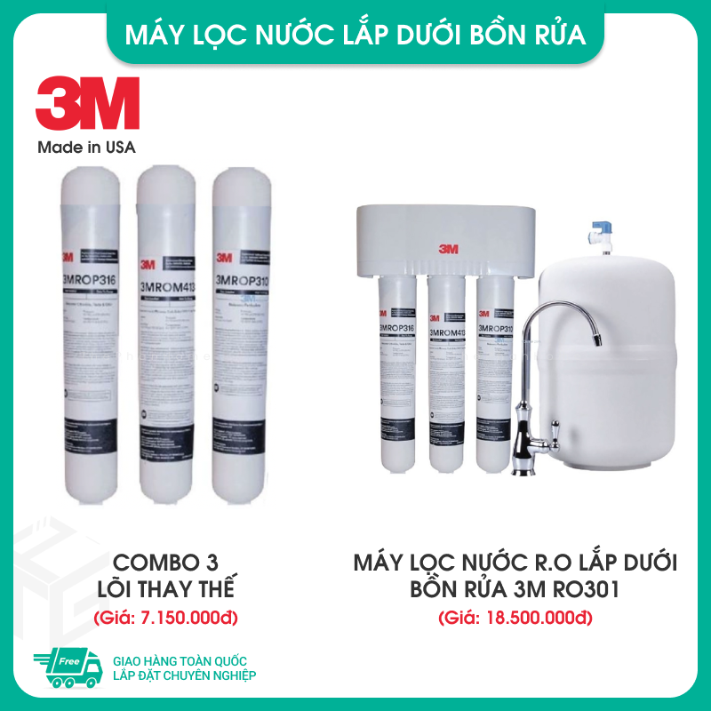 [MIỄN PHÍ LẮP ĐẶT] Máy Lọc Nước Mỹ 3M RO301 Lắp Dưới Bồn Rửa - R.O 3 Lõi Cao Cấp 70020320399, Không Dùng Điện, Công suất 5.678L, Có bán lõi thay thế (3M ROP316, ROP310, ROP413) - Hàng Chính Hãng 3M