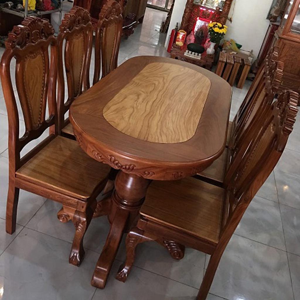 bộ Bàn ăn căm xe mặt gõ hình oval , bàn ăn bằng gỗ 6 ghế