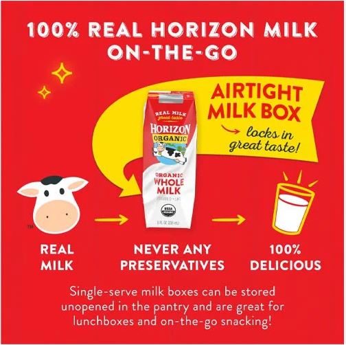 Date 30/8/2024 Thùng 12 Hộp Sữa Nước Horizon Organic Mỹ Whole Milk 236ml x 12 hộp.