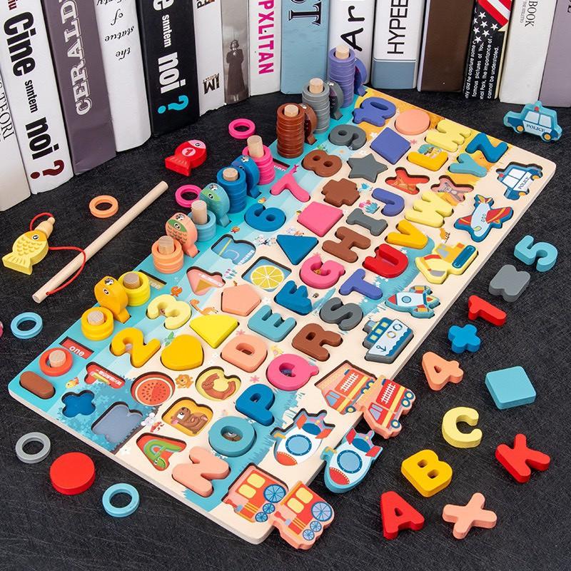 Đồ chơi Câu cá gỗ đa năng 6 trong 1 kèm hình khối, số, chữ và phương tiện giao thông - đồ chơi cao cấp