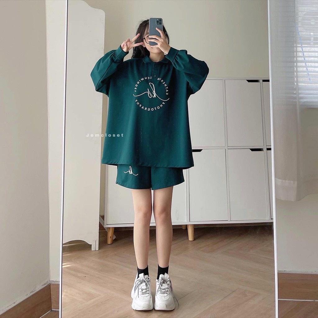 Set đồ nam nữ form rộng unisex-áo polo dài tay cúc cài kèm quần short đùi logo chất thun tăm