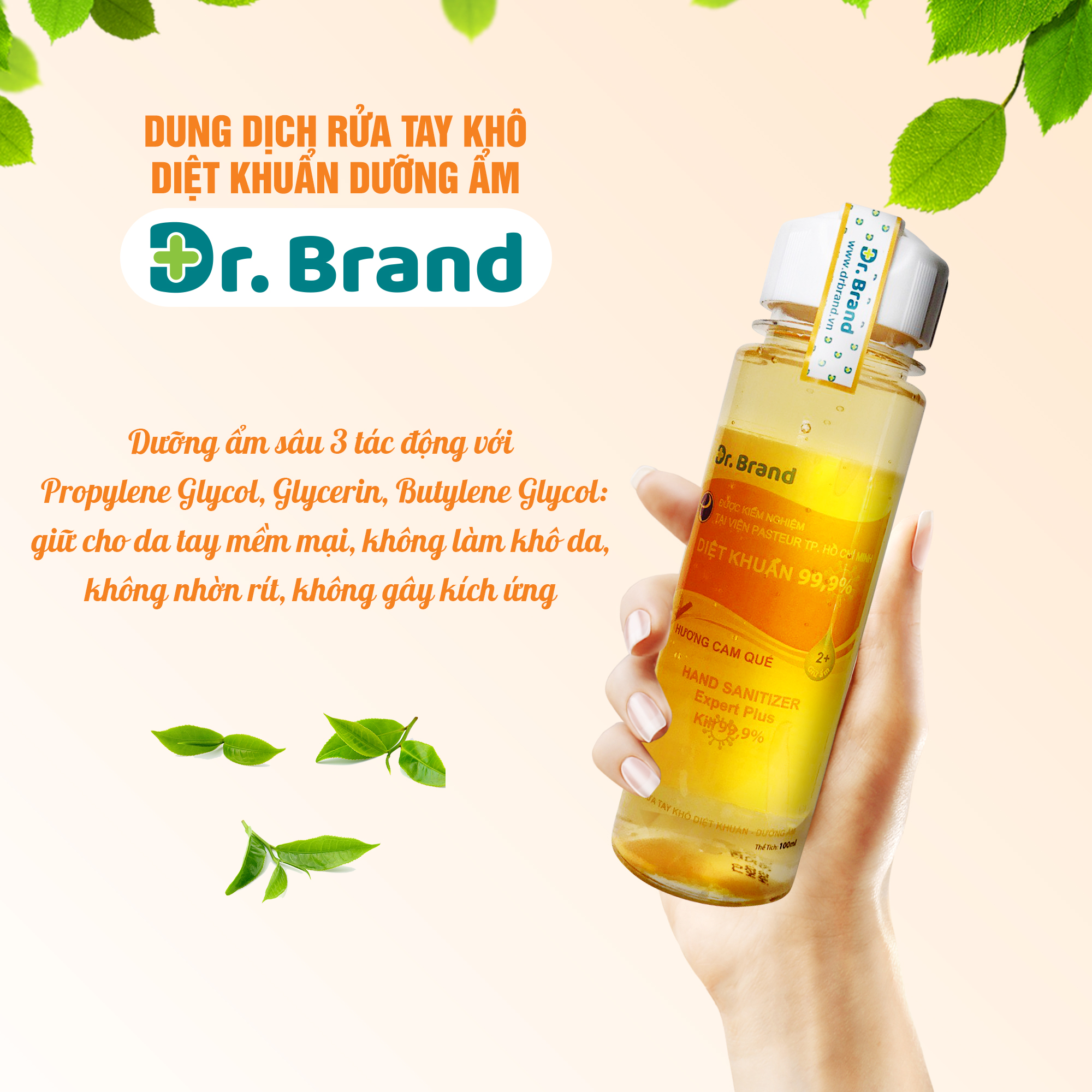 Nước rửa tay khô ngăn ngừa khuẩn, ngăn ngừa virus chuyên dùng cho nhân viên y tế, được kiểm nghiệm tại viện Pasteur Tp.Hồ Chí Minh – Dr.Brand – HƯƠNG CAM QUẾ