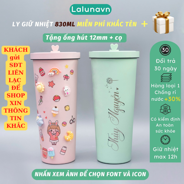 Ly giữ nhiệt 830ml bigsize Pastel KHẮC TÊN, cốc giữ nhiệt cao cấp inox 304, bình nước tặng sticker, ống hút