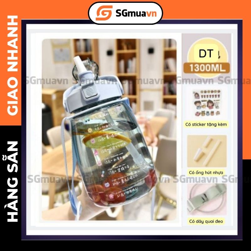 Bình nước 1.3l, bình nước thể thao nhựa trong suốt đủ màu dán sticker