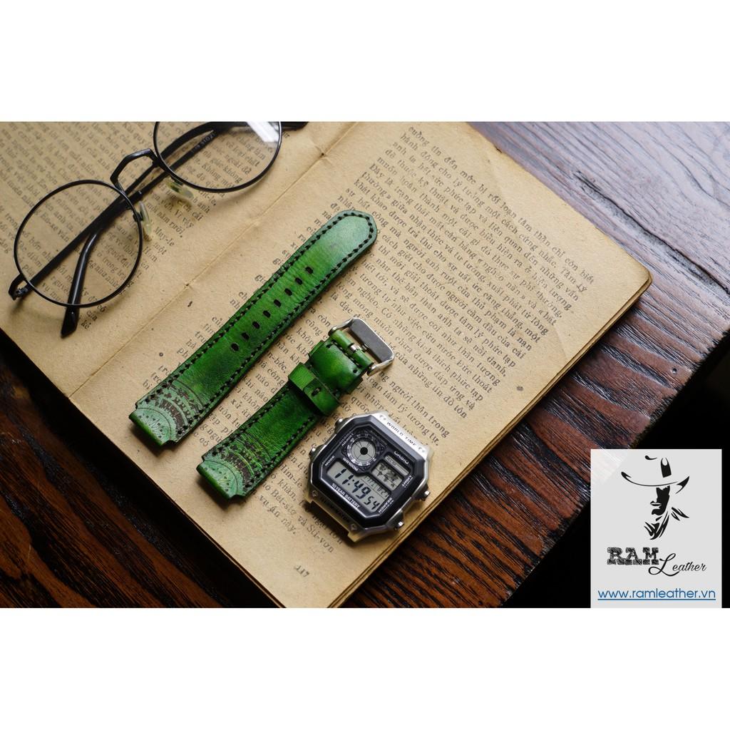 DÂY ĐỒNG HỒ DA BÒ THẬT - RAM TRỐNG ĐỒNG XANH LÁ - CASIO AE1200/SEIKO5 - RAM LEATHER -