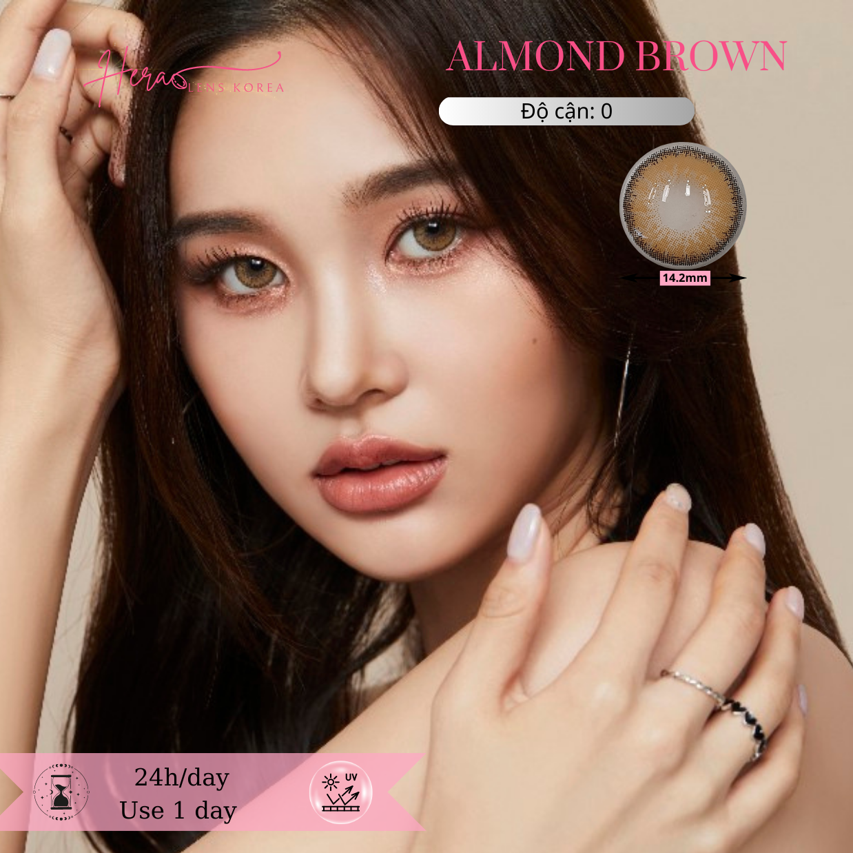 Kính Áp Tròng Hera Nâu Tây Sáng Không Độ ALMOND BROWN Nhập Khẩu Hàn Quốc Lens Không Cận 1 Ngày