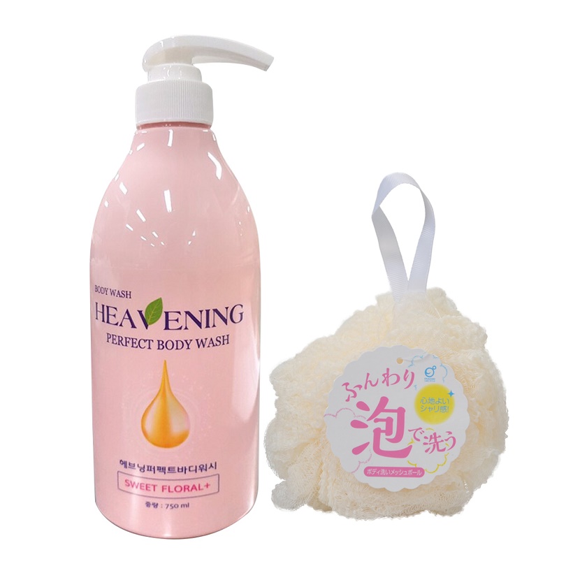 Combo Sữa tắm dưỡng ẩm cao cấp Heavening + Bông tắm tạo bọt siêu mềm Nhật Bản