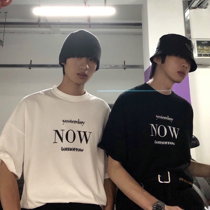 Áo Thun Nam Tay Lỡ Unisex cổ Tròn chất liệu vải cotton màu đen form rộng in chữ NOW phong cách độc chất TheNgaustyle