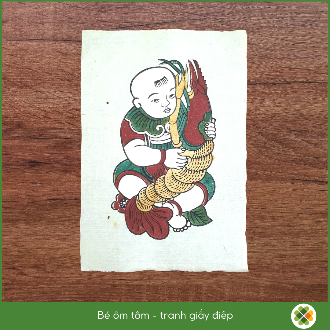 Bé ôm tôm - Tranh dân gian Đông Hồ - Dong Ho folk woodcut painting