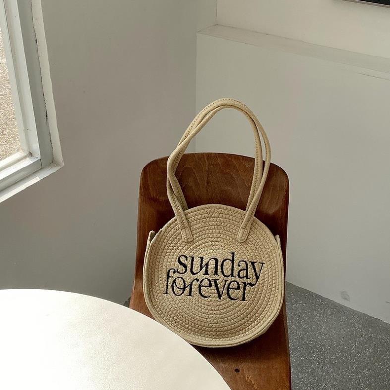 Túi xách cói tròn Sunday Forever, túi du lịch, đi biển dễ thương